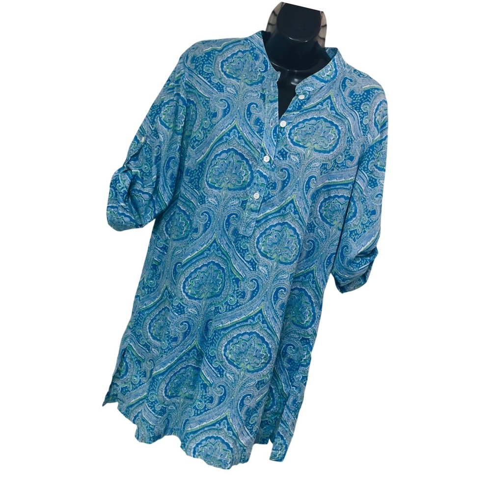 J.McLaughlin Berlin Paisley Tunic Mini Dress Henley Boho Roll Tab Preppy Size M